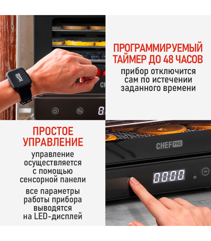 Сушилка для фруктов с WI-FI CHEF PRO CF-FD808A (5 поддонов + 5 для пастилы + 5 для ягод) 15 л, сталь