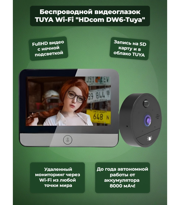 Беспроводной видеоглазок TUYA Wi-Fi "HDcom DW6-Tuya" с записью и датчиком движения