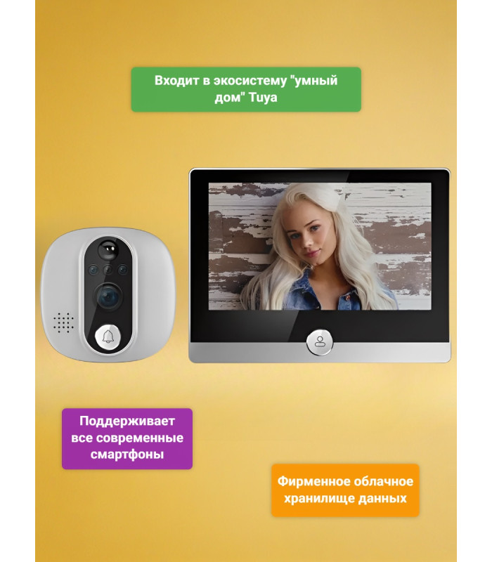 Беспроводной видеоглазок TUYA Wi-Fi "iHome SW1-Tuya" с записью на SD карту и датчиком движения