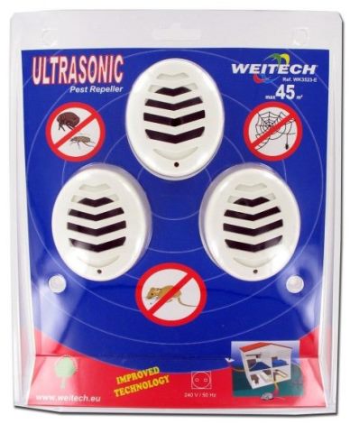 Комплект из 3 ультразвуковых отпугивателей грызунов и насекомых "Weitech WK-3523" поставляется в блистерной упаковке