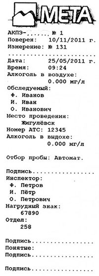 Встроенный принтер анализатора алкоголя "АКПЭ-01М" распечатывает протокол, в котором указаны ФИО инспектора и обследуемого, а также результаты теста