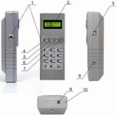 Элементы управления и узлы анализатора алкоголя "АКПЭ-01М": 1 — гнездо для  мундштука; 2 — индикатор; 3 — разъем для подключения  принтера или ПК, индикатор зарядки; 4 — кнопка "Старт"; 5 — кнопка "Режим"; 6 — кнопка "Печать"; 7 — кнопка питания; 8 — гнездо для воронки  или фильтра; 9 — разъем для блока питания или адаптера прикуривателя; 10 — индикатор зарядки