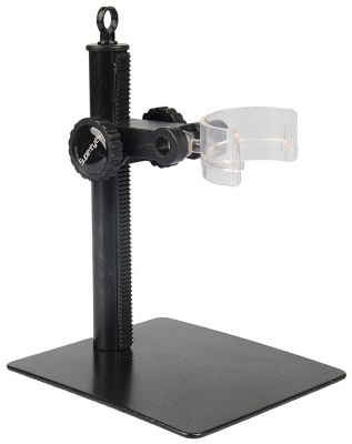 Стойка-держатель с предметным столиком позволяет легко превратить ручной микроскоп в практически полный аналог стационарной модели (нажмите на фото для увеличения)