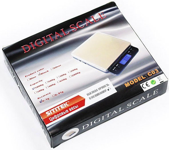 Мини-весы "SITITEK C03" упакованы в компактную картонную коробку