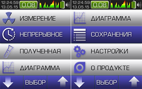 Дозиметр "СОЭКС 01М" оснащен интуитивно понятным русскоязычным меню, управлять которым можно с помощью кнопок на корпусе аппарата (нажмите для увеличения)